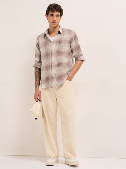 Brown Herringbone Checked Design Regular Fit Casual Shirt