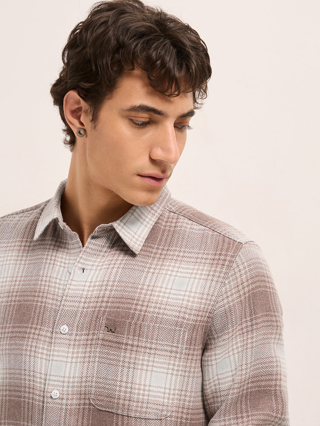 Brown Herringbone Checked Design Regular Fit Casual Shirt