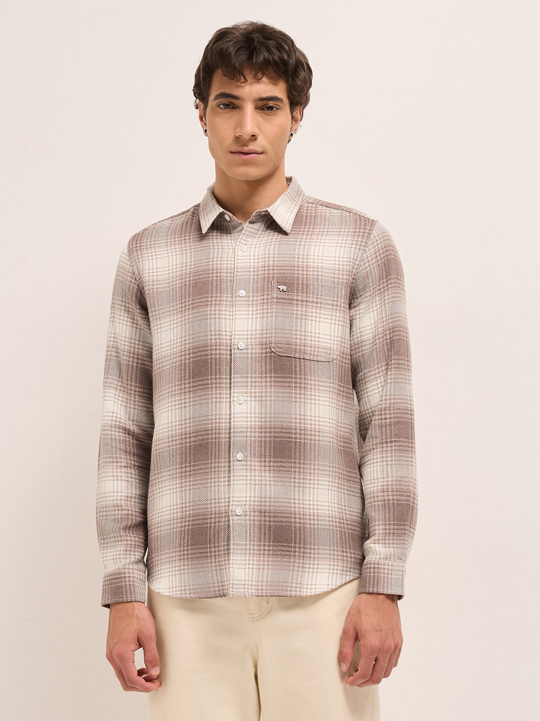 Brown Herringbone Checked Design Regular Fit Casual Shirt