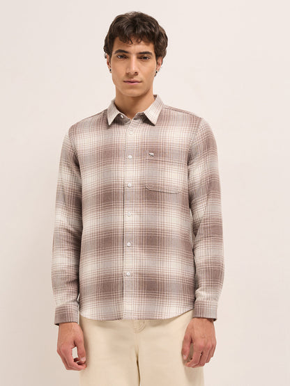 Brown Herringbone Checked Design Regular Fit Casual Shirt