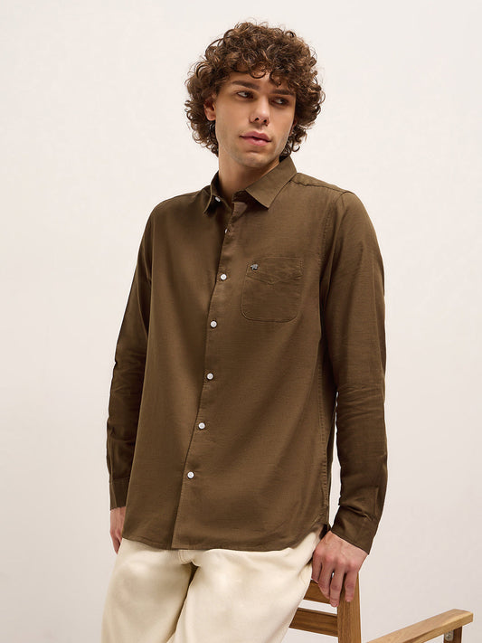 Dark Brown Solid Slim Fit Casual Shirt