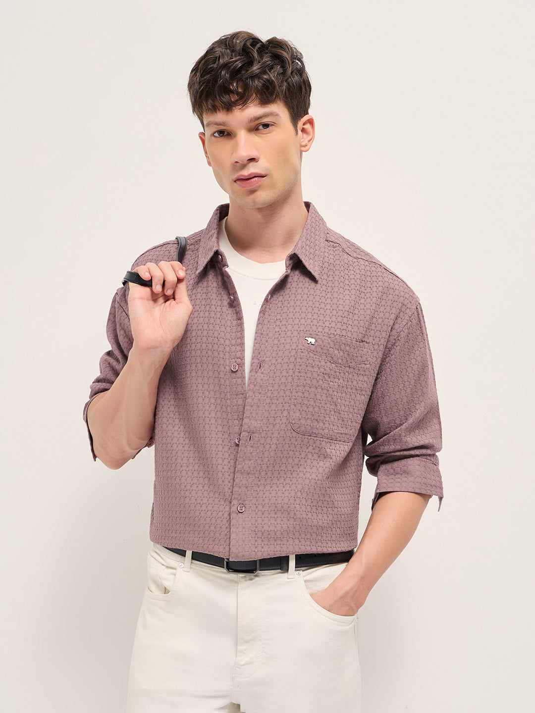 Pink Texture Woven Design Relax Fit Overshirt