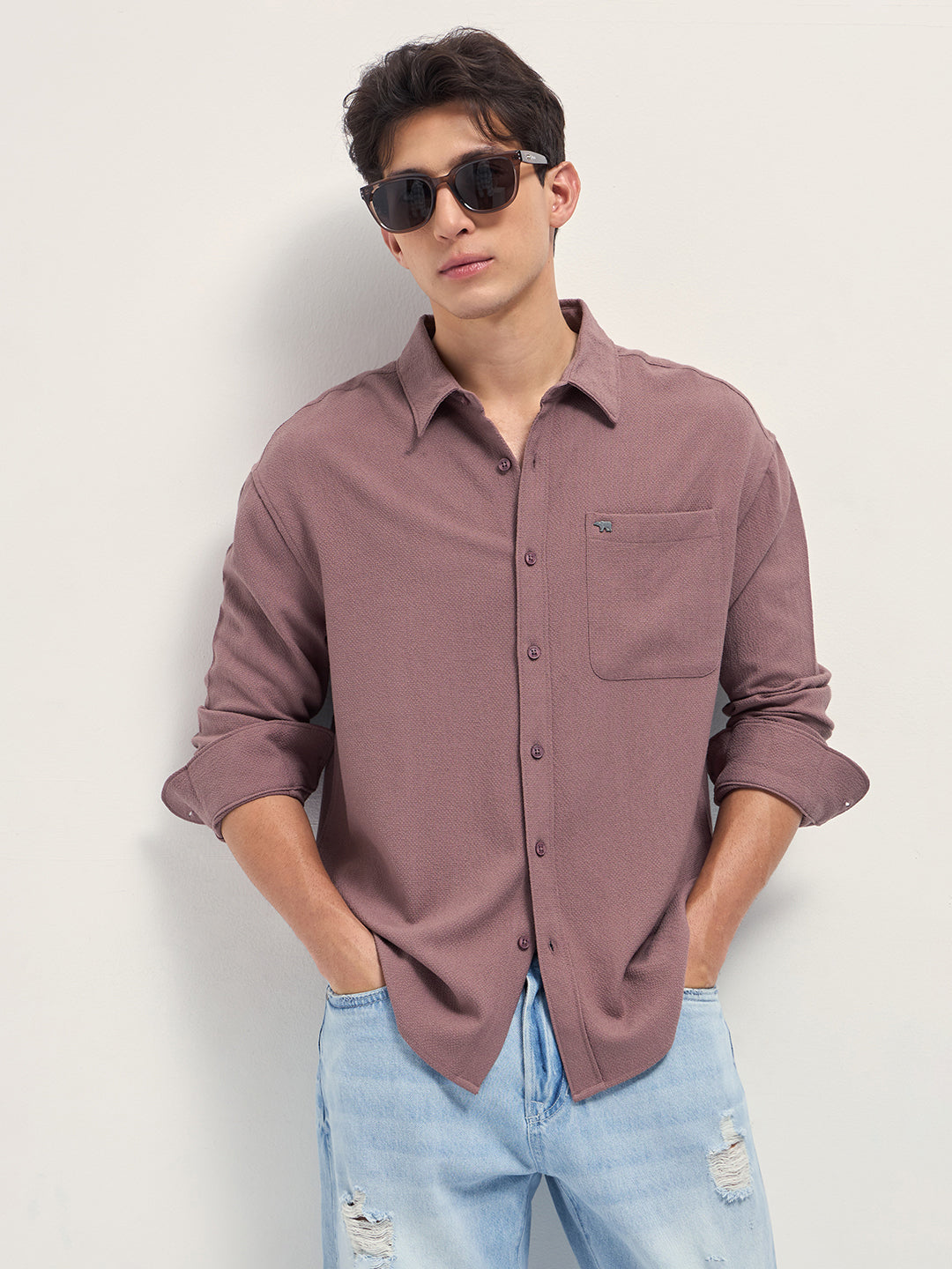Pink Woven Textured Relaxed Fit Casual Shirt