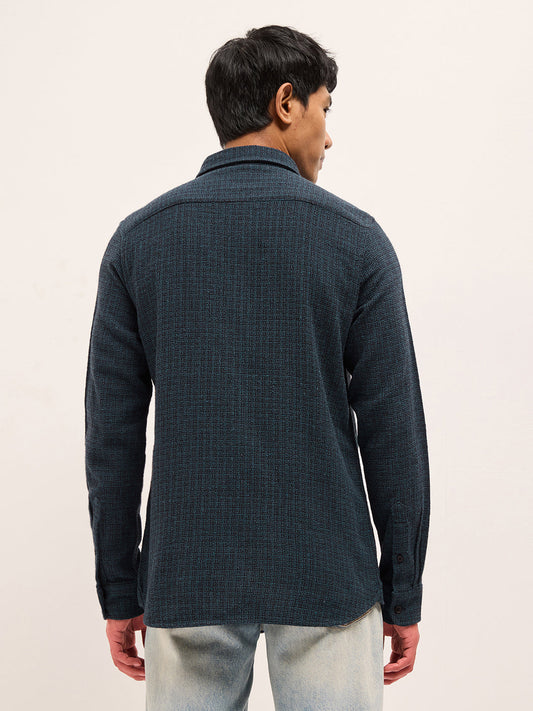 Teal Slim Fit Woven Textured Cotton Casual Shirt