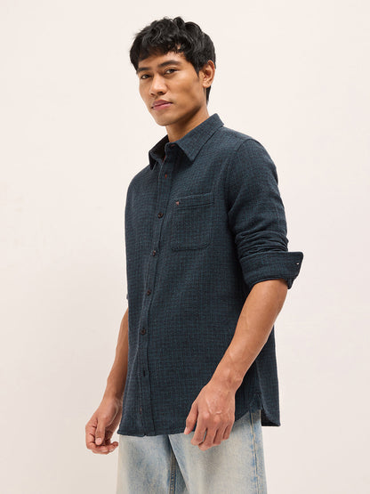 Teal Slim Fit Woven Textured Cotton Casual Shirt