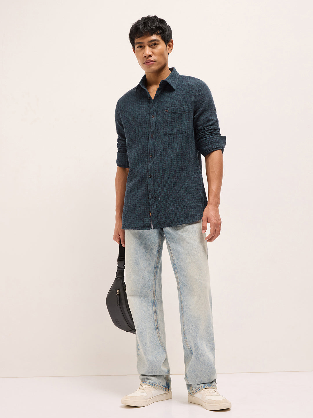 Teal Slim Fit Woven Textured Cotton Casual Shirt