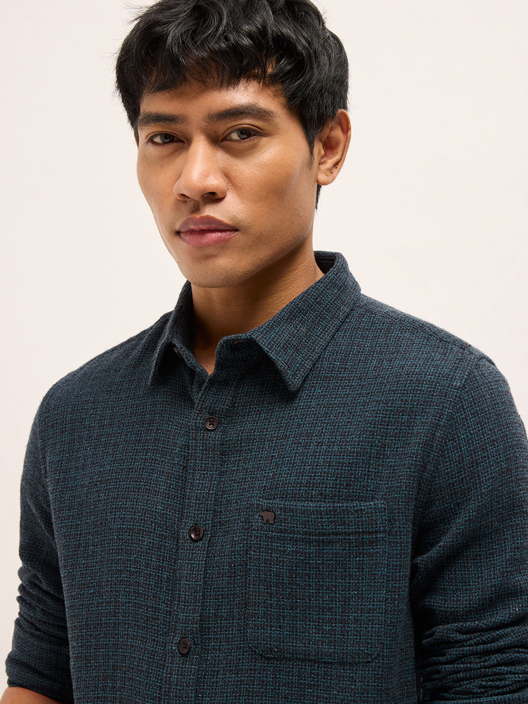 Teal Slim Fit Woven Textured Cotton Casual Shirt