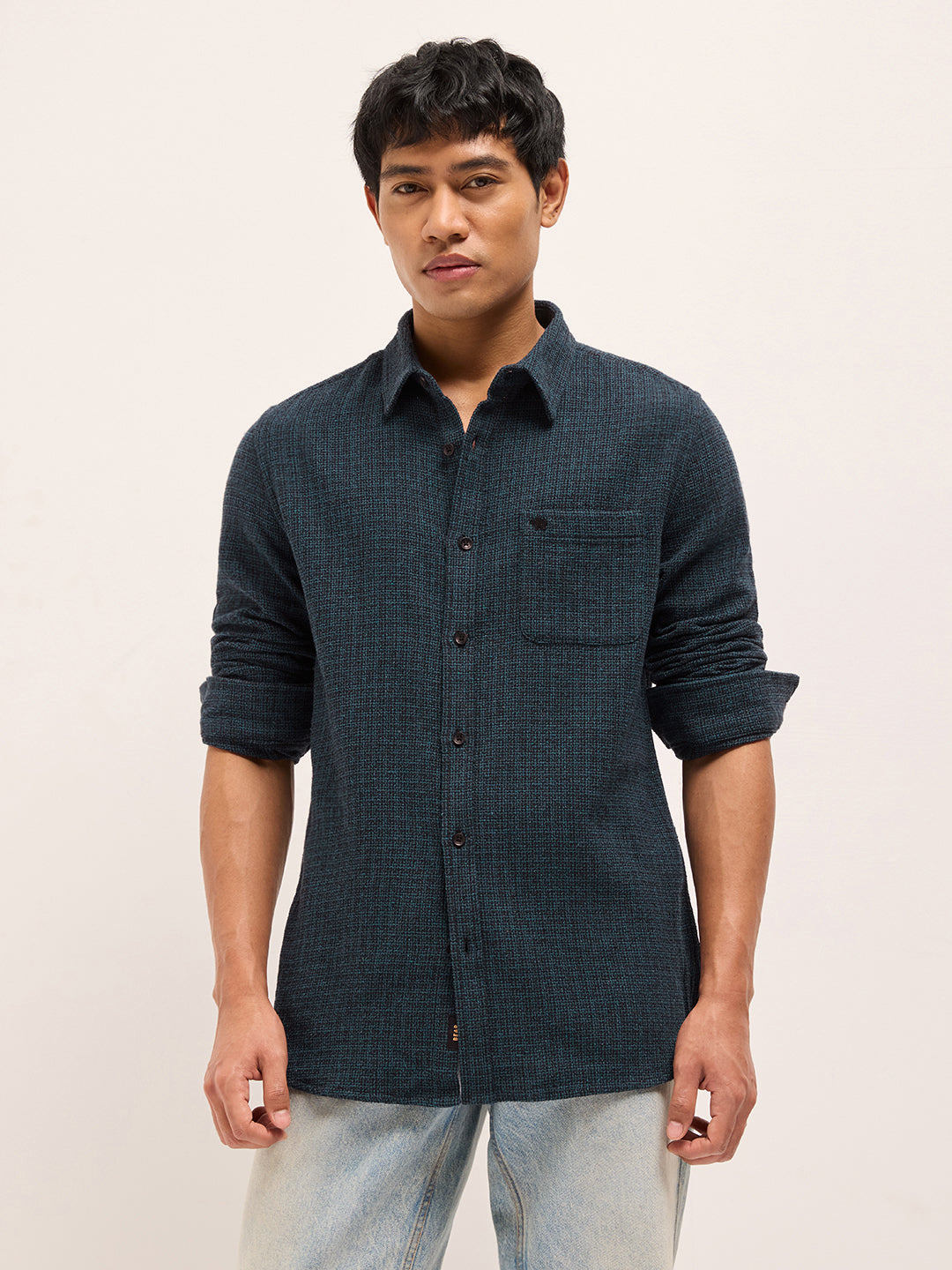 Teal Slim Fit Woven Textured Cotton Casual Shirt
