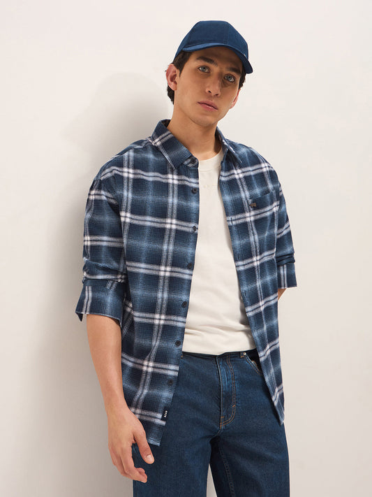 Blue Flannel Woven Checks Relaxed Fit Casual Shirt