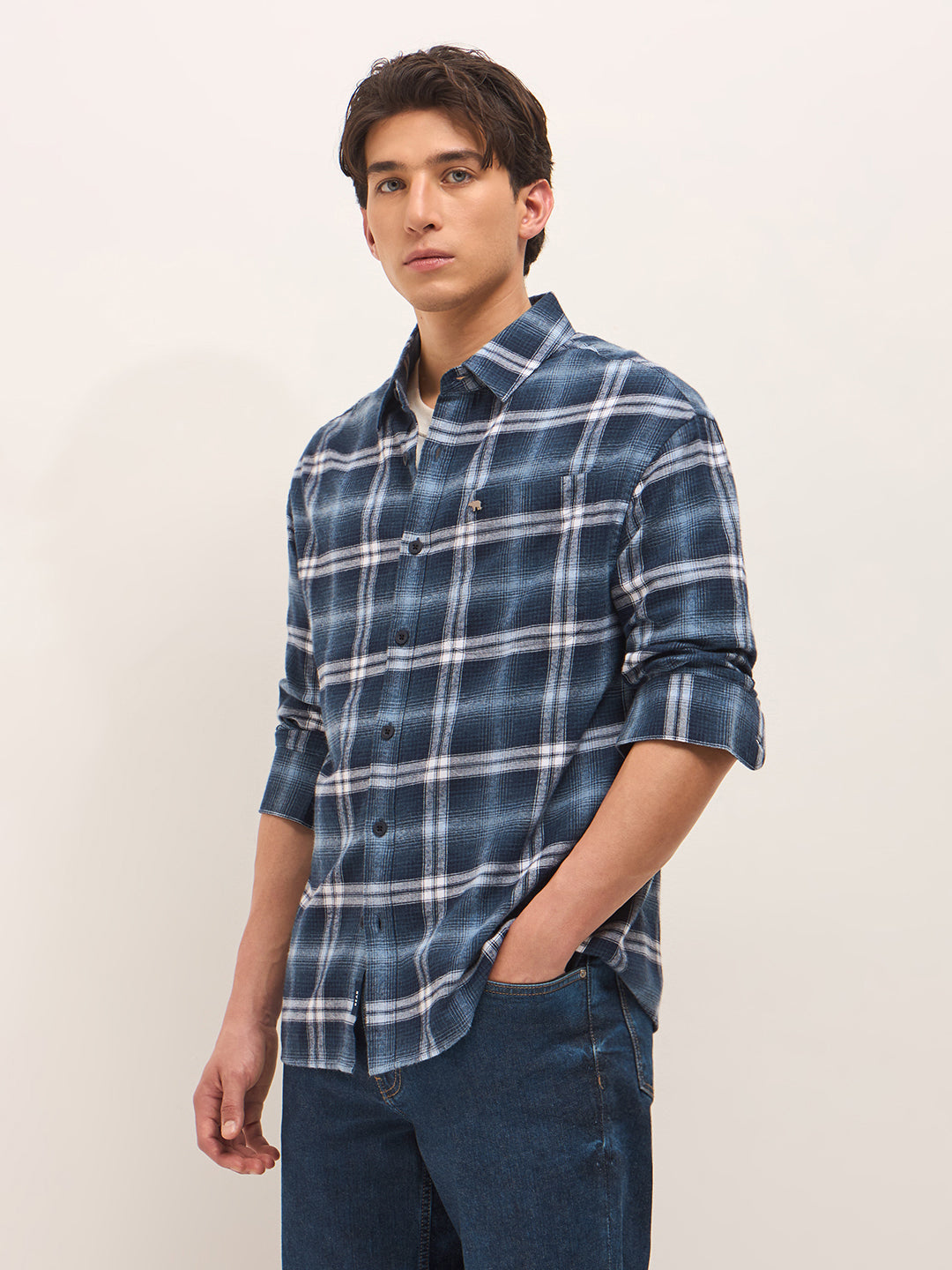 Blue Flannel Woven Checks Relaxed Fit Casual Shirt