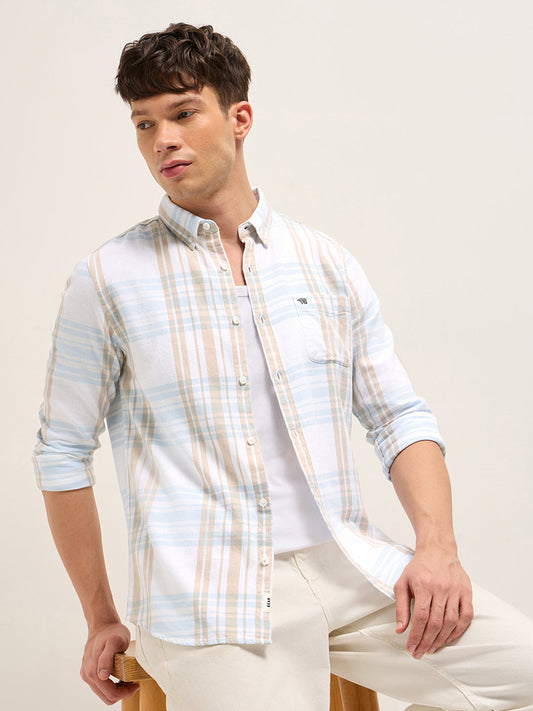White Checked Slim Fit Casual Shirt with Button-Down Collar