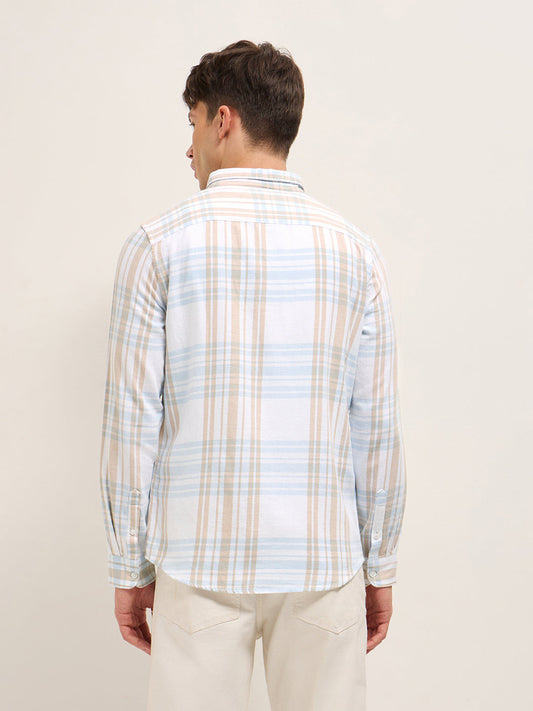 White Checked Slim Fit Casual Shirt with Button-Down Collar