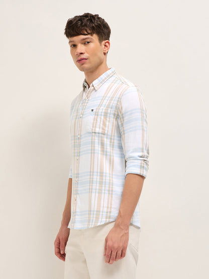 White Checked Slim Fit Casual Shirt with Button-Down Collar