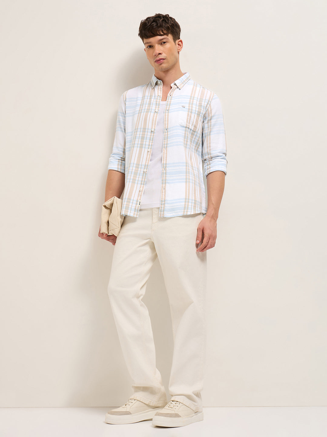 White Checked Slim Fit Casual Shirt with Button-Down Collar