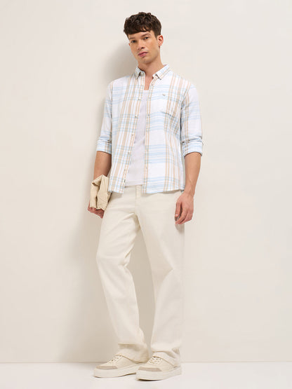 White Checked Slim Fit Casual Shirt with Button-Down Collar