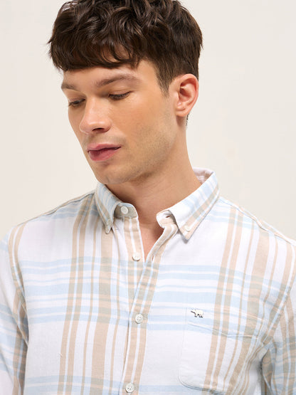White Checked Slim Fit Casual Shirt with Button-Down Collar