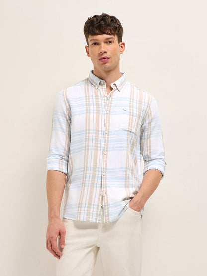 White Checked Slim Fit Casual Shirt with Button-Down Collar