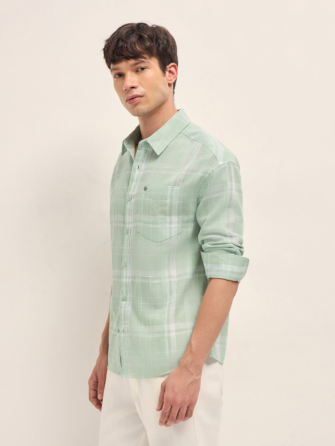 Green Woven Checks Relaxed Fit Casual Shirt