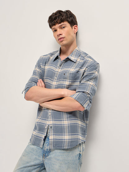 Grey and Cream Waffle Checked Textured Relaxed Fit Casual Shirt
