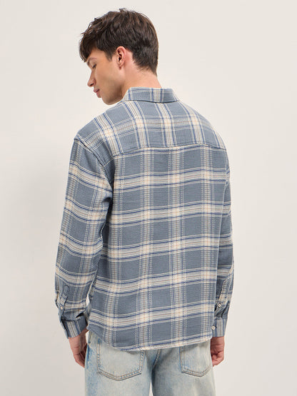 Grey and Cream Waffle Checked Textured Relaxed Fit Casual Shirt
