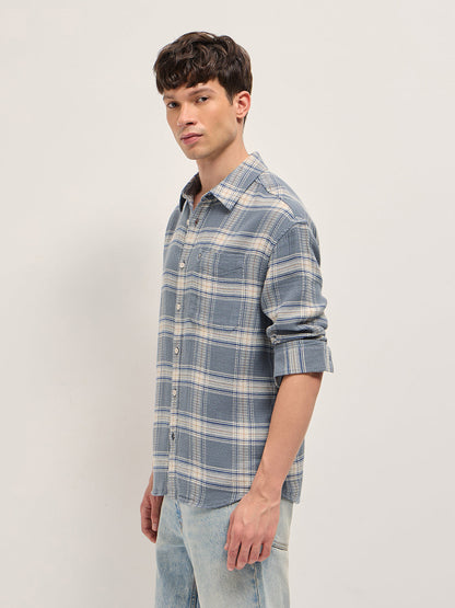 Grey and Cream Waffle Checked Textured Relaxed Fit Casual Shirt