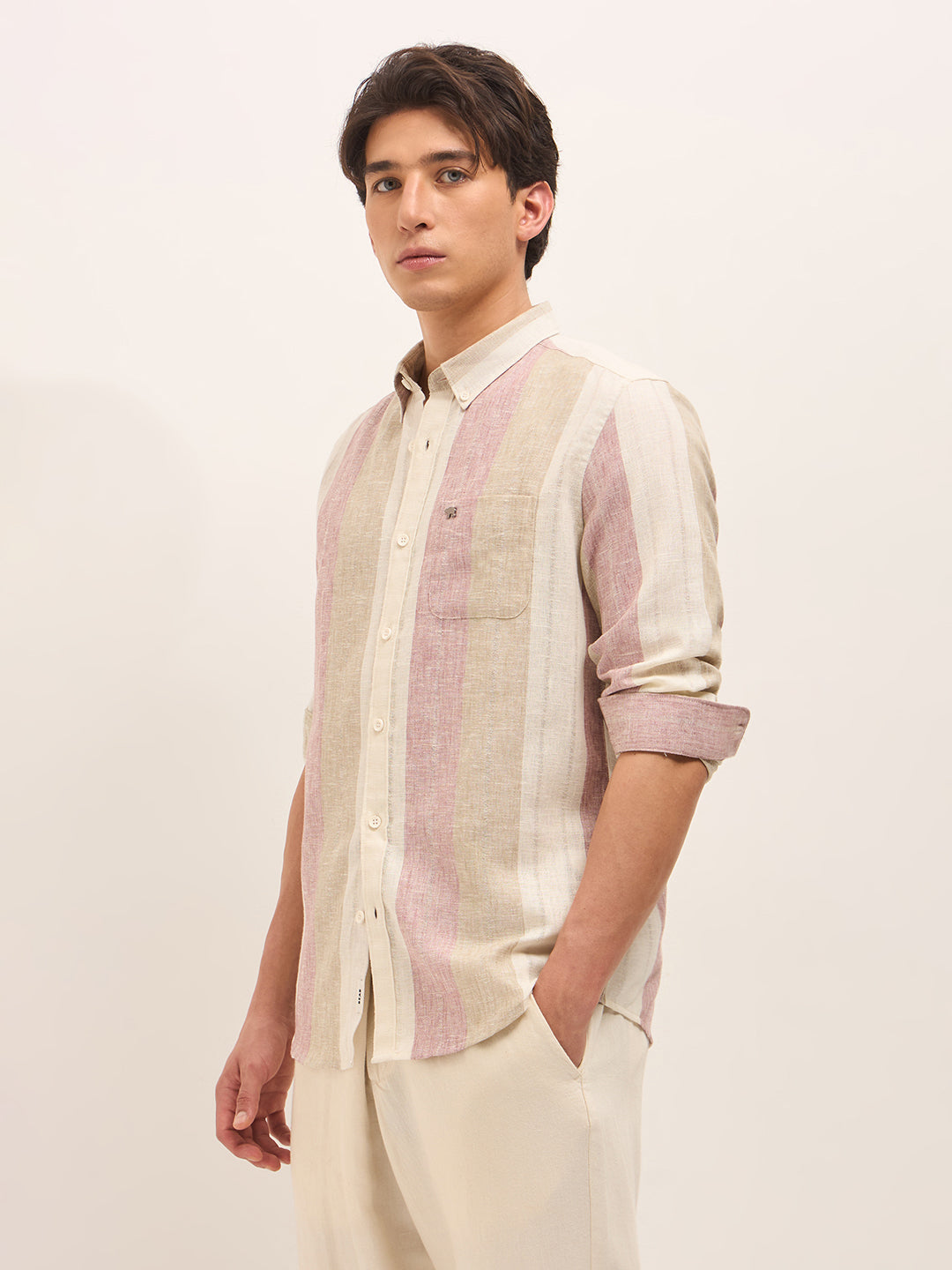 Woven Vertical Stripes Slim Fit Casual Shirt