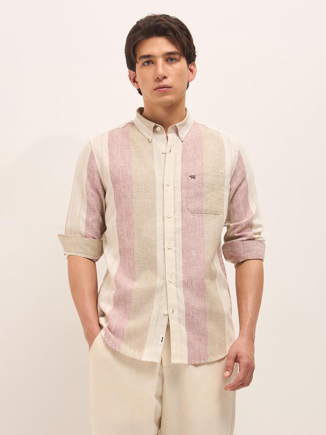 Woven Vertical Stripes Slim Fit Casual Shirt
