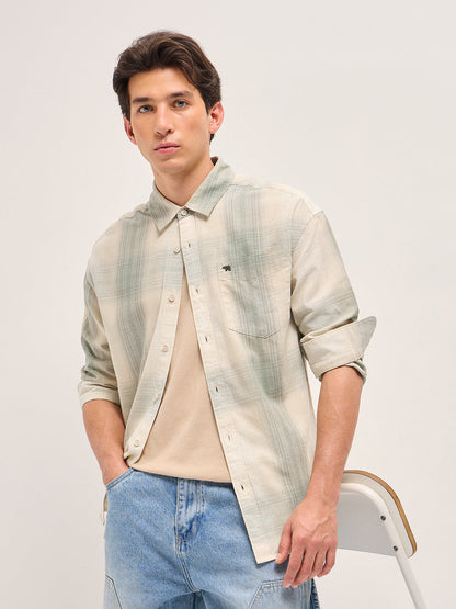 Green and Cream Checkered Relaxed Fit Casual Shirt