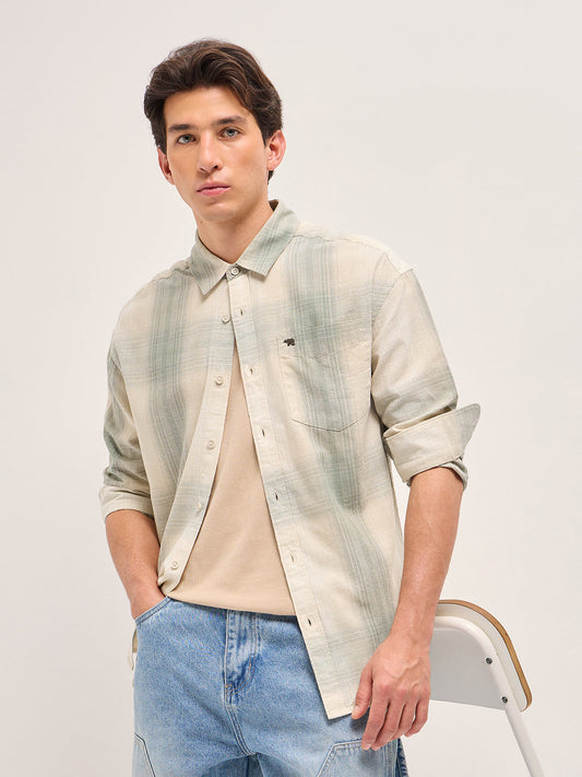 Green and Cream Checkered Relaxed Fit Casual Shirt