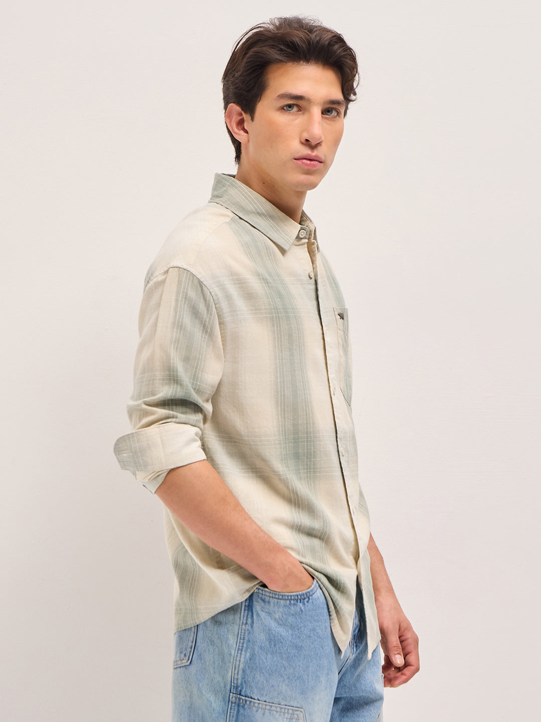 Green and Cream Checkered Relaxed Fit Casual Shirt