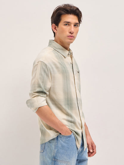 Green and Cream Checkered Relaxed Fit Casual Shirt