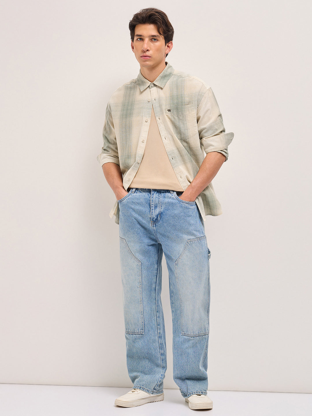 Green and Cream Checkered Relaxed Fit Casual Shirt