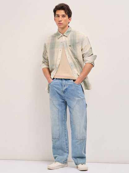 Green and Cream Checkered Relaxed Fit Casual Shirt