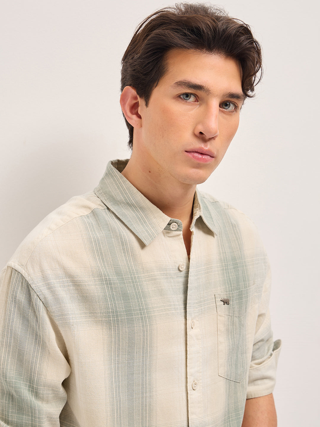 Green and Cream Checkered Relaxed Fit Casual Shirt