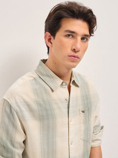 Green and Cream Checkered Relaxed Fit Casual Shirt