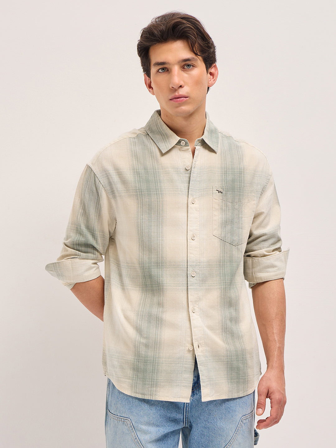 Green and Cream Checkered Relaxed Fit Casual Shirt