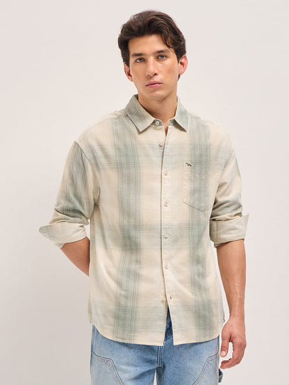 Green and Cream Checkered Relaxed Fit Casual Shirt