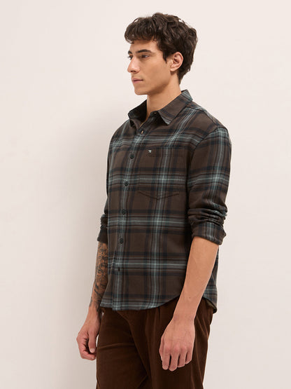 Brown Woven Tartan Checked Flannel Regular Fit Casual Shirt