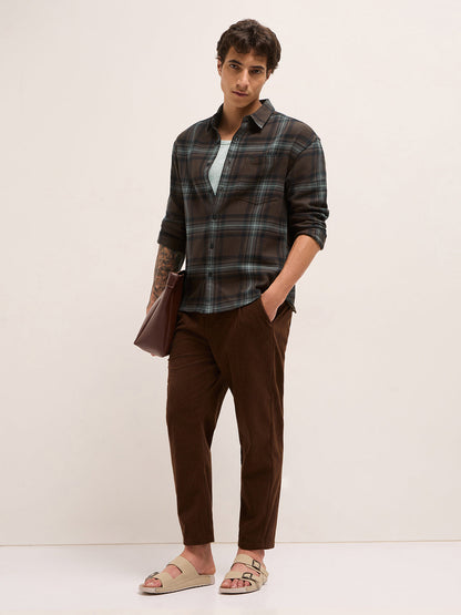 Brown Woven Tartan Checked Flannel Regular Fit Casual Shirt