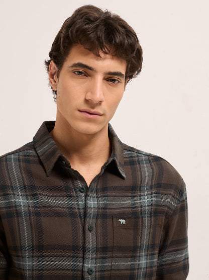 Brown Woven Tartan Checked Flannel Regular Fit Casual Shirt