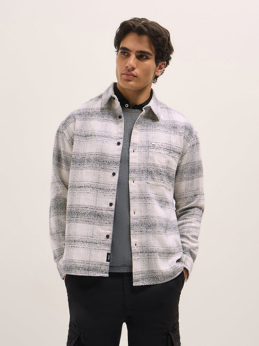 White with Black Checkered Relax Fit Overshirt