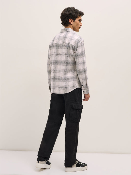 White with Black Checkered Relax Fit Overshirt