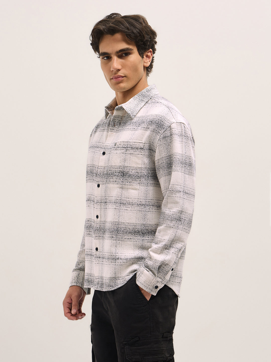 White with Black Checkered Relax Fit Overshirt