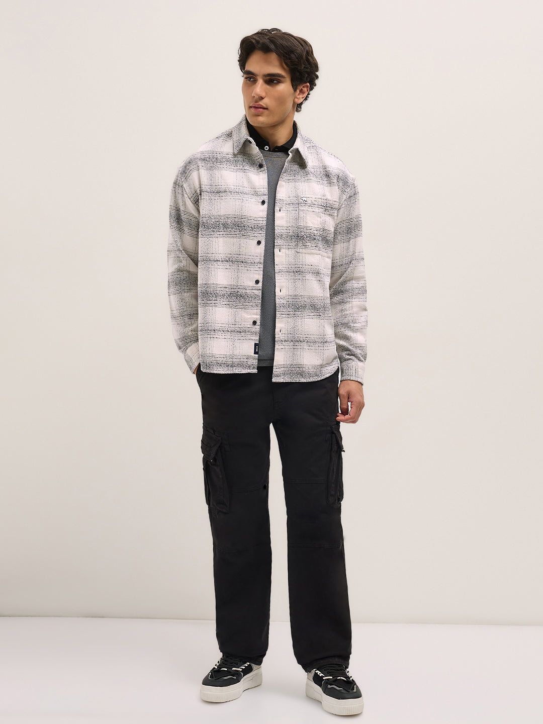 White with Black Checkered Relax Fit Overshirt