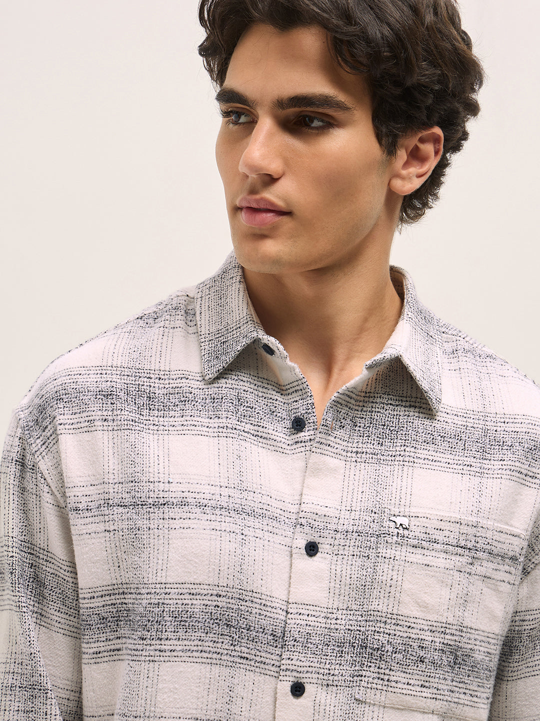 White with Black Checkered Relax Fit Overshirt
