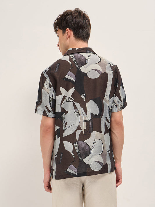 Brown Bold Abstract Print Relaxed Fit Cuban Collar Viscose Shirt