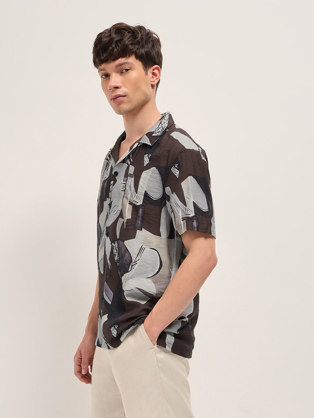Brown Bold Abstract Print Relaxed Fit Cuban Collar Viscose Shirt