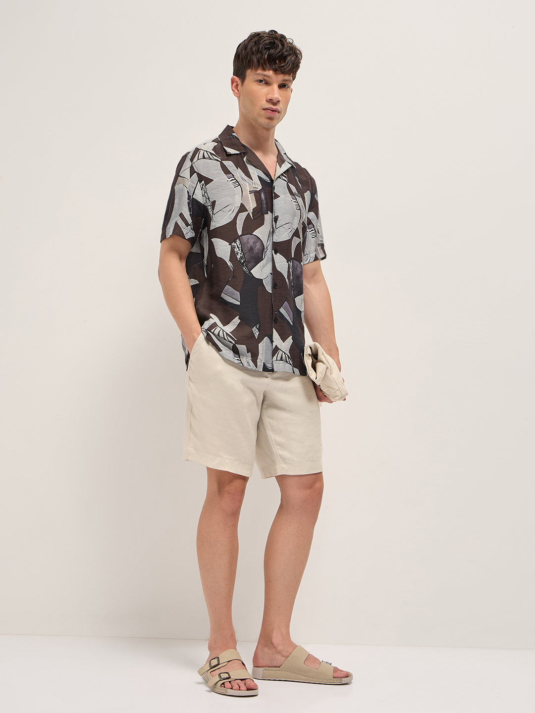 Brown Bold Abstract Print Relaxed Fit Cuban Collar Viscose Shirt