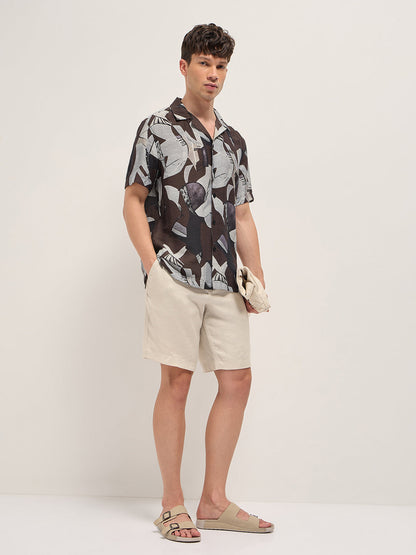 Brown Bold Abstract Print Relaxed Fit Cuban Collar Viscose Shirt