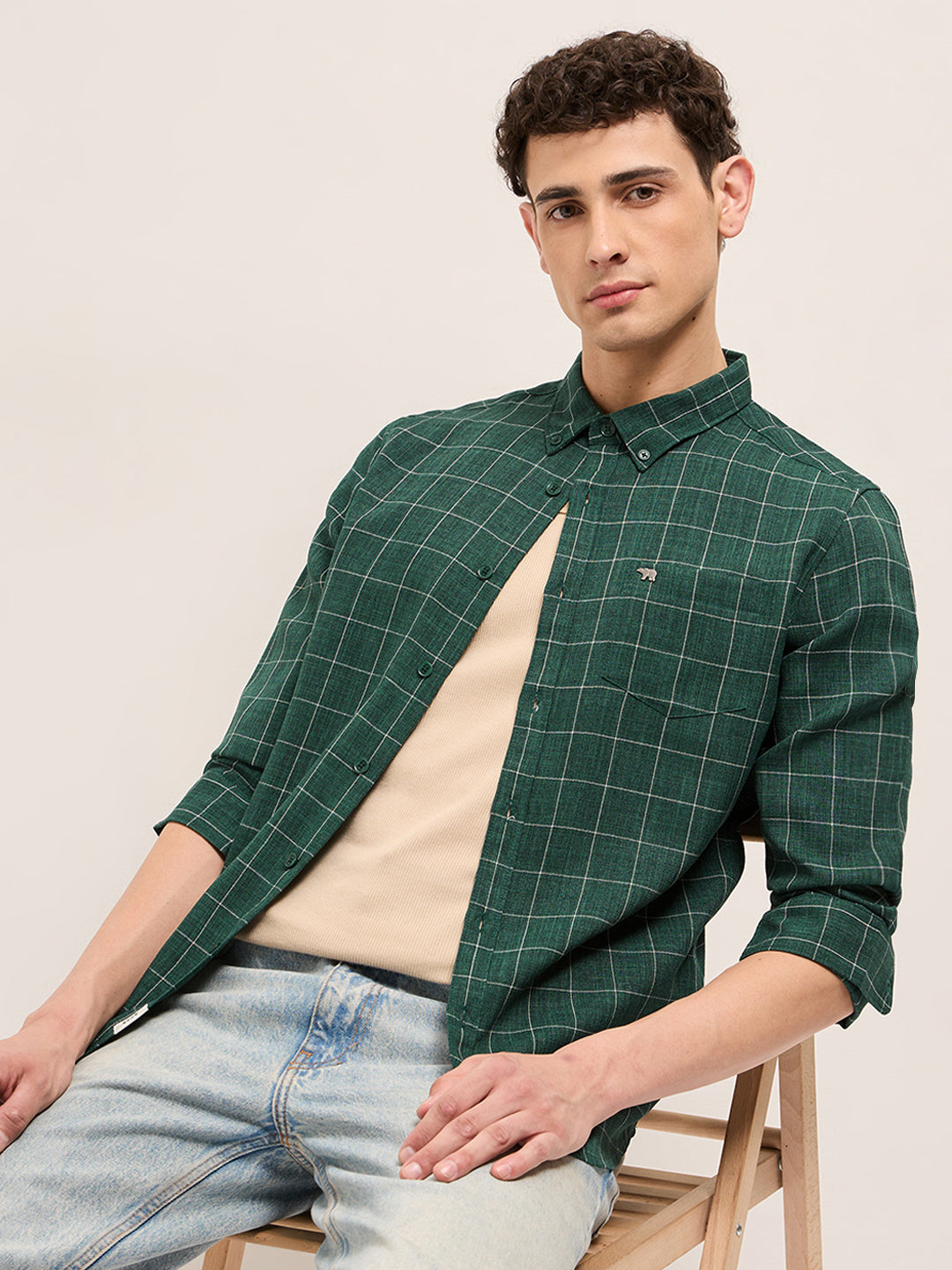 Green Block Checks Slim Fit Casual Shirt